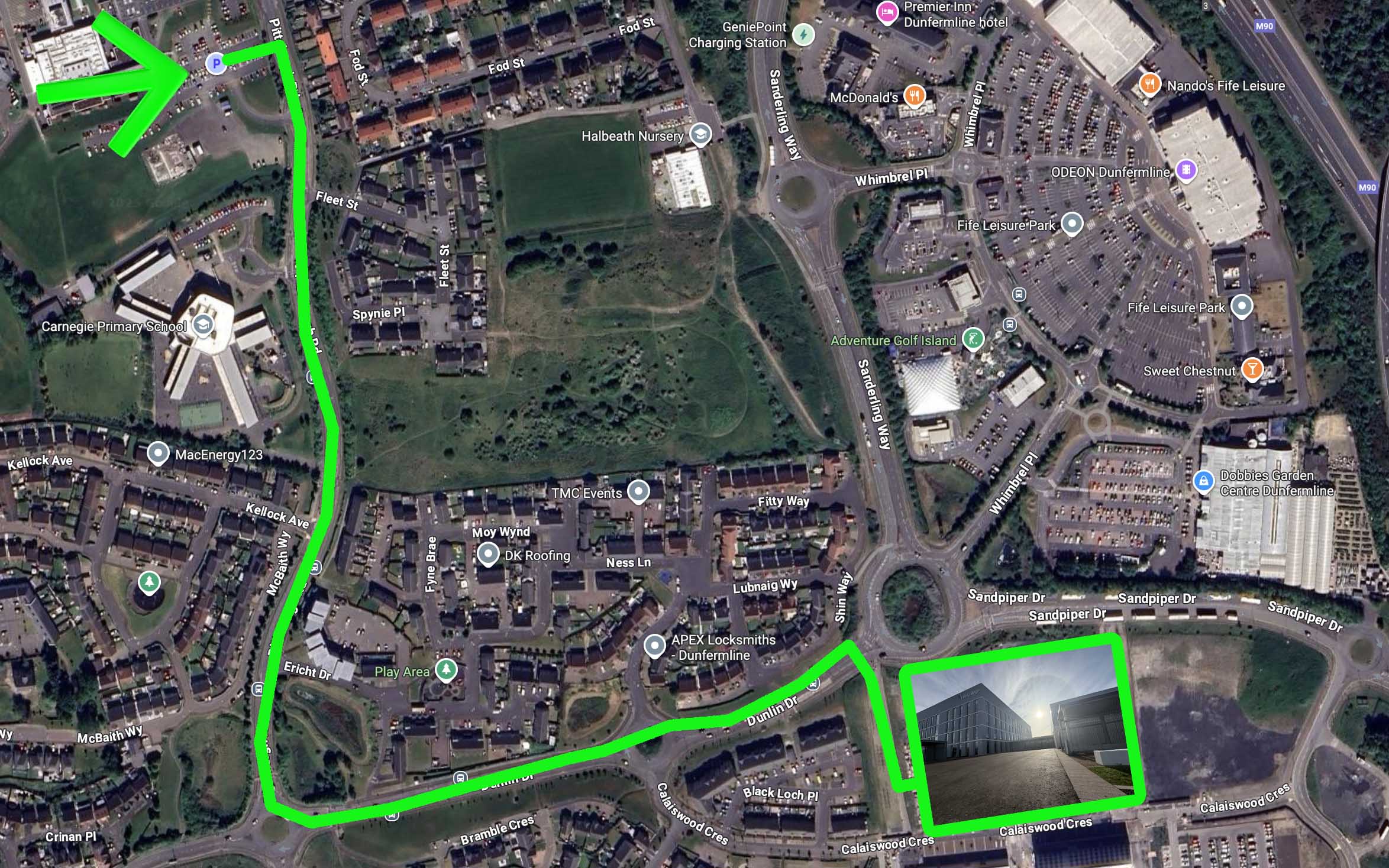 Map showing Dunfermline Learning Campus parking