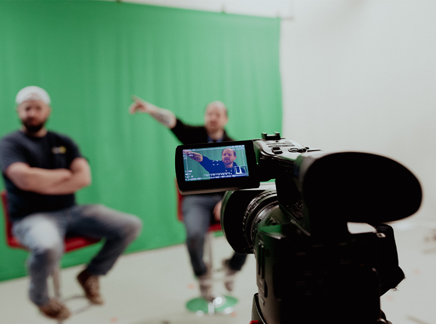 screen production interview set up with green screen and camera